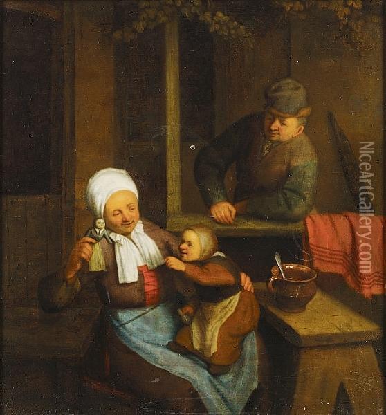 A Couple Entertaining A Young Child Oil Painting - Adriaen Jansz. Van Ostade