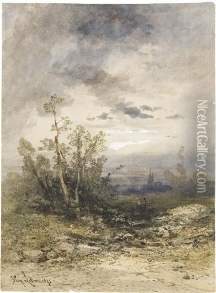 Deux Personnages Dans Un Paysage Au Clair De Lune, Une Eglise A L'arriere-plan Oil Painting - Hippolyte Gabriel Lebas