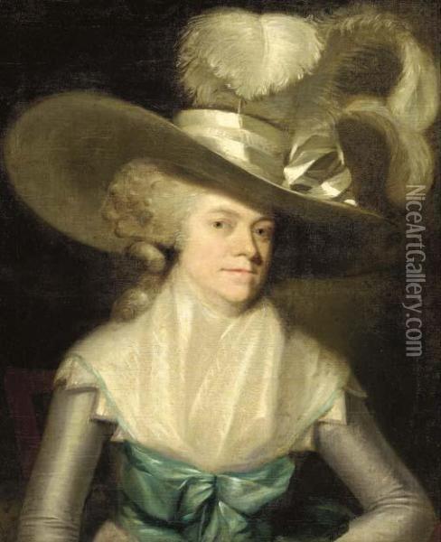 Portrait Of A Lady In A Plumed Hat, Said To Be Mrs. Inchbold Oil Painting - John Hoppner