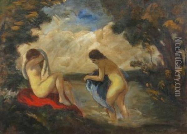 Women Bathing In Classical Landscape Oil Painting - Arpad Feszty