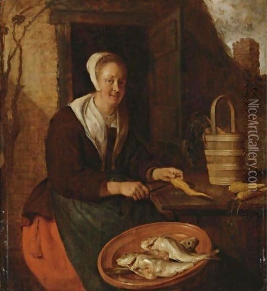 A Kitchenmaid Preparing Carrots Oil Painting - Gabriel Metsu