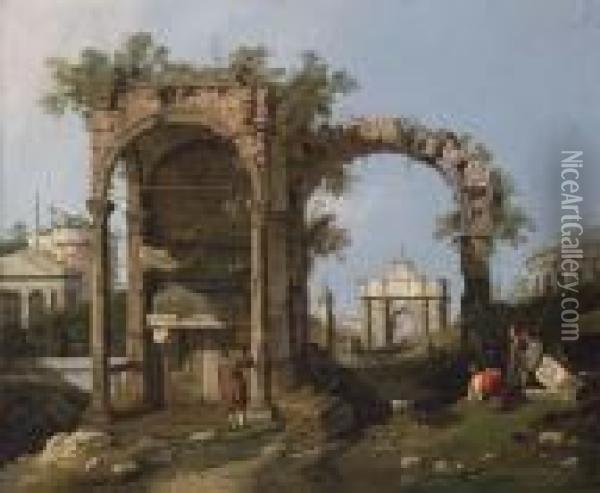 A Capriccio Of Classical Ruins With Figures Oil Painting - (Giovanni Antonio Canal) Canaletto