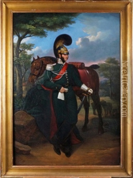 Portrait D'un Officier De La Garde Avec Son Cheval Oil Painting - Jean Baptiste Jacques Augustin