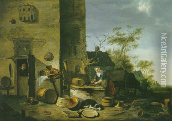 Scene Dans Une Cour De Ferme Oil Painting - Egbert Lievensz van der Poel