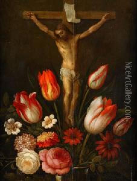 Blomsterstilleben Med Jesus Pa Korset Oil Painting - Daniel Seghers