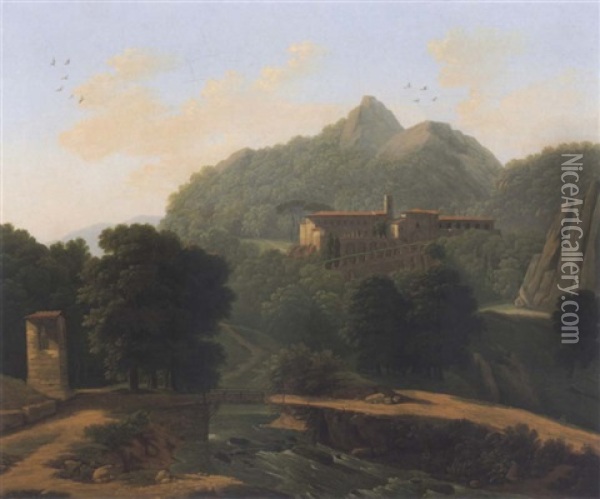 The Monastery Of San Benedetto Near Subiaco In Latium Oil Painting - Jean Victor Bertin