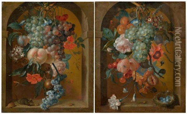 Pair Of Works: Still Life Of Flowers With A Mouse / Still Life Of Flowers With A Bird's Nest Oil Painting - Coenraet (Conrad) Roepel