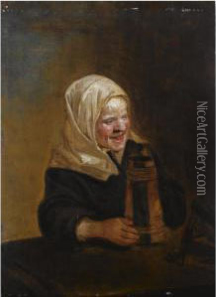 A Young Girl Sitting At A Table, Holding A Beer Mug Oil Painting - Frans Hals