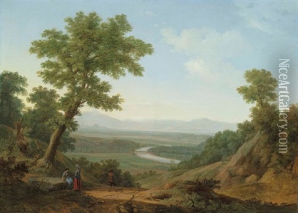The Slopes Of Monte Mario, Rome, With The Tiber Looking Upriver And The Milvian Bridge Beyond Oil Painting - Jacob Philipp Hackert