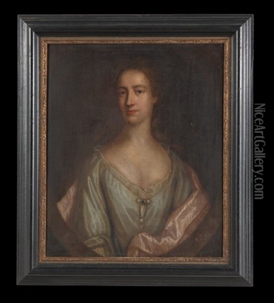 Half-length Portrait Of A Woman In Pale Blue Within A Painted Oval Oil Painting - John Smibert