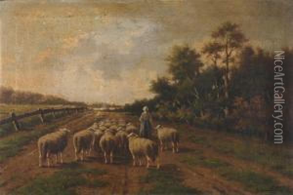 Shepherdess With Herflock Oil Painting - Adriaan Marinus Geijp