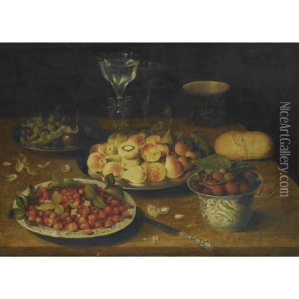 A Still Life Of Peaches And Plums On A Pewter Dish, Hazelnuts And Plums On Another, Wild Strawberries On A Chinese Porcelain Plate, Mulberries In A Chinese Porcelain Bowl, Facon-de-venise Wine-glasses Oil Painting - Osias Beert the Elder