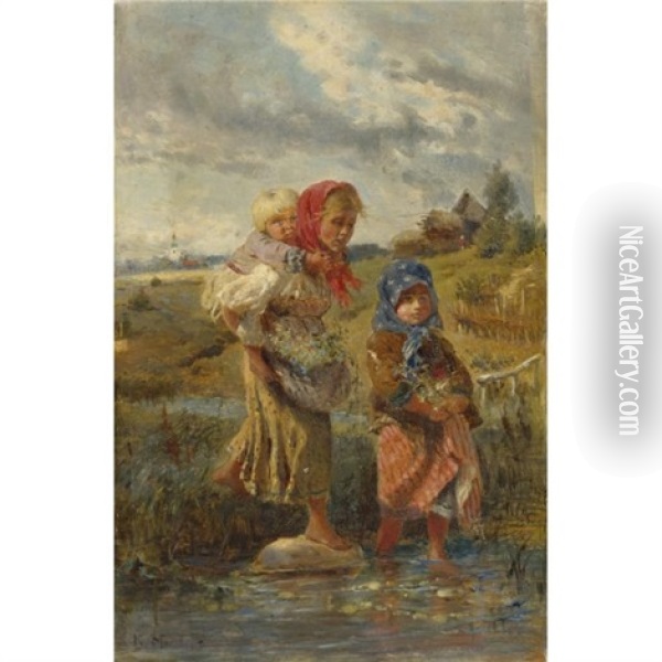Children Crossing A Brook Oil Painting - Konstantin Egorovich Makovsky