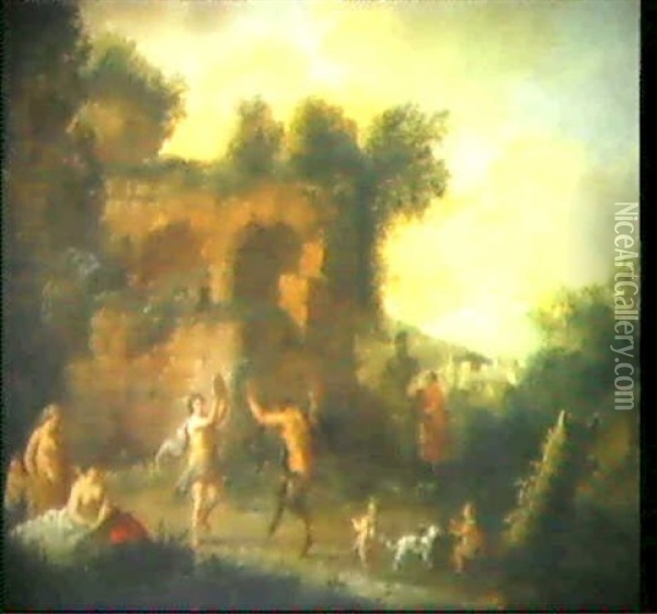 Ruinenlandschaft Mit Nymphen Und Frau Oil Painting - Cornelis Van Poelenburgh
