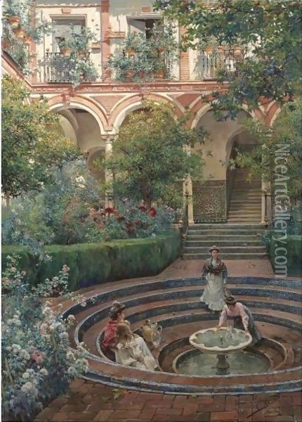 El Patio De La Villa (The Villa Garden) Oil Painting - Manuel Garcia y Rodriguez