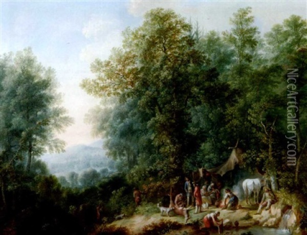 Waldlandschaft Mit Jagdgesellschaft Oil Painting - Johann Andreas Herrlein