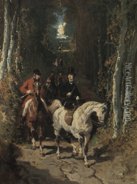 Cavaliers On A Forest Path Oil Painting - Alfred De Dreux
