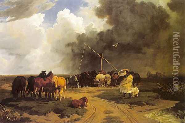 Stud in a Thunderstorm 1862 Oil Painting - Karoly Lotz
