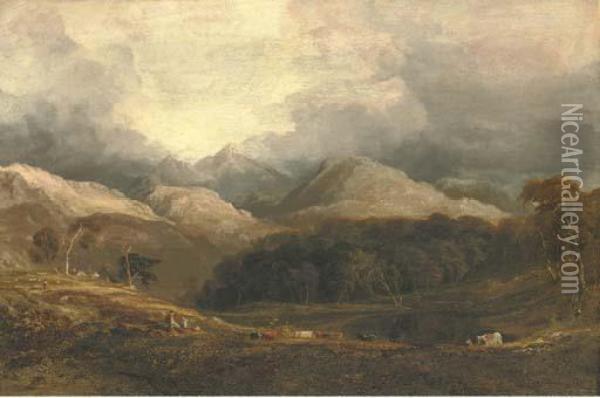 View From Pont Aberglaslyn Looking West Towards Moel Hebog And The Aberglaslyn Woods Oil Painting - Anthony Vandyke Copley Fielding
