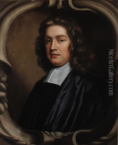 Portrait Of A Gentleman, Traditionally Identified With Reverend John Dobson Of Magdalene College, Oxford, In Clerical Robes, Within A Painted Stone Cartouche Oil Painting - Mary Beale