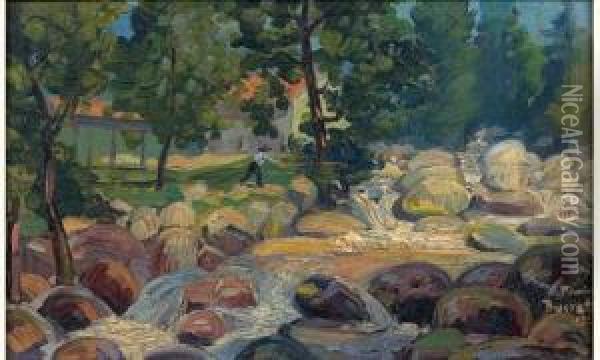 Le Pecheur De La Truite En Auvergne Oil Painting - G. Busset