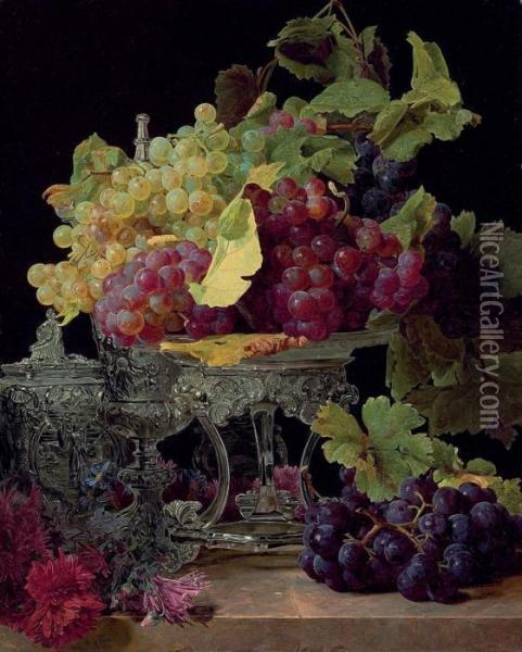 Red And White Grapes And Silver Tableware On A Marble Ledge Oil Painting - Ferdinand Georg Waldmuller