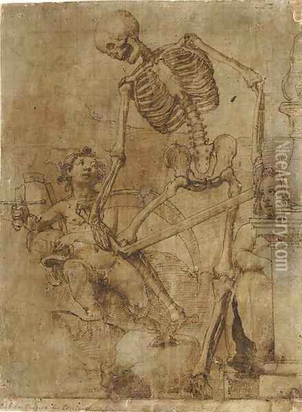 Death breaking his scythe, and two putti Oil Painting - Jacopo Ligozzi