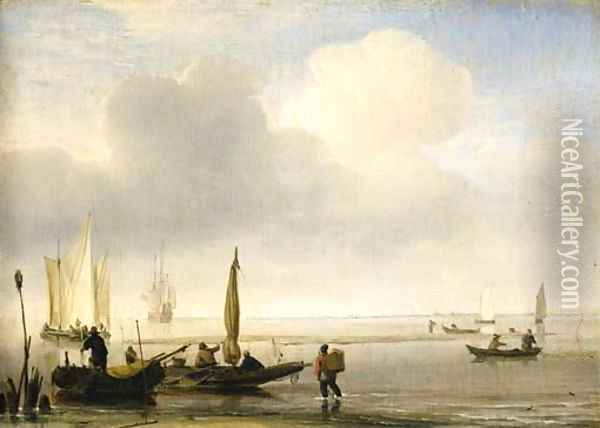 Two fishing boats off a spit of sand in a calm, with other shipping in an estuary Oil Painting - Willem van de Velde the Younger