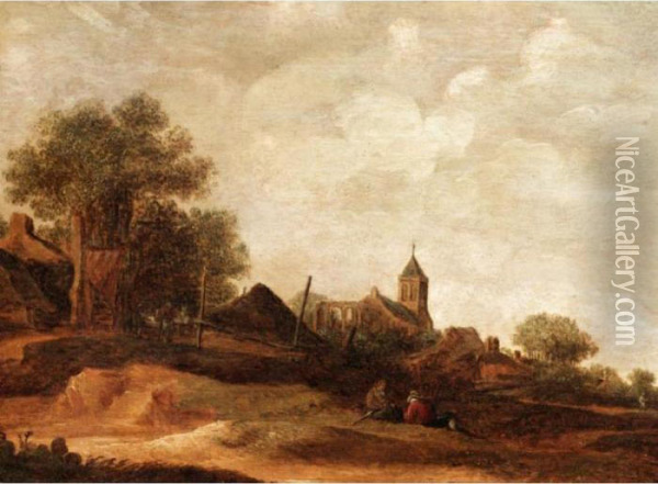 Landscape With A Village And Figures Oil Painting - Jan van Goyen