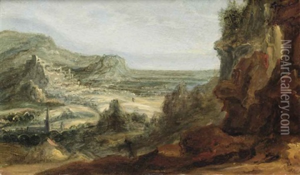 An Extensive Mountainous Landscape With A Town In The Distance Oil Painting - Philips de Momper the Elder