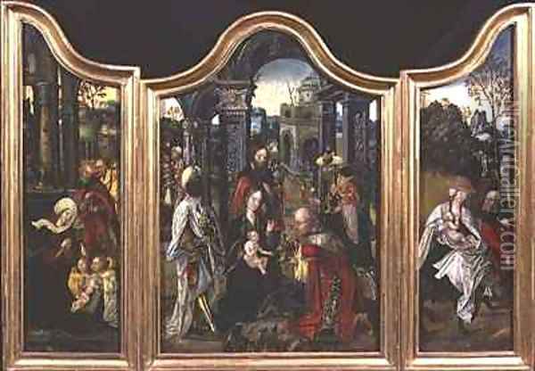 Triptych Adoration of the Magi Nativity and Rest on the Flight into Egypt Oil Painting - Cornelis Engelbrechtsen