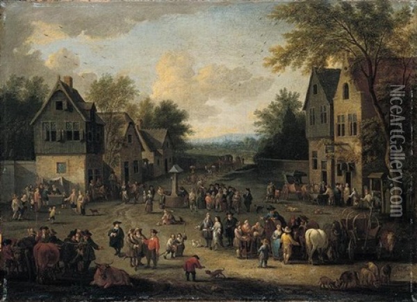 A Crowded Village Scene With Numerous Villagers And Animals Oil Painting - Pieter Bout