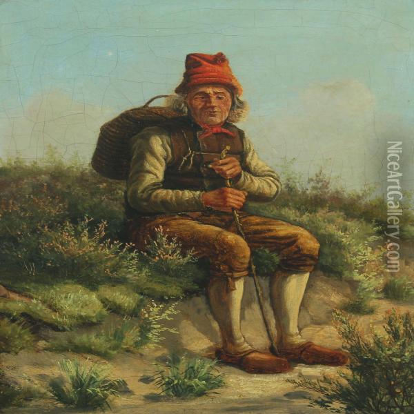 Landscape With Hiker Taking A Rest Oil Painting - Christen Dalsgaard