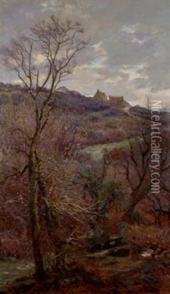 Hilltop Village In A Winter Landscape Oil Painting - Lionel Birch