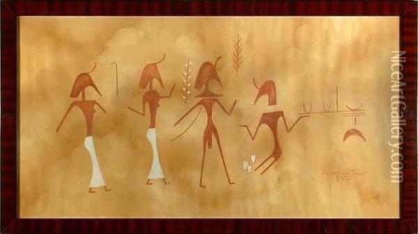 Archaische Gruppe In Der Art Einer Nordafrikanischenwandzeichnung. Gouache Auf Papier Oil Painting - Johann Ulrich Burri