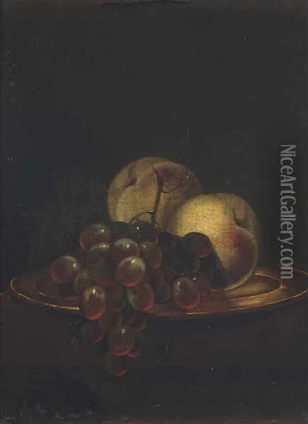 Peaches And Grapes On A Gold Platter, On A Wooden Ledge Oil Painting - Adriaen Coorte