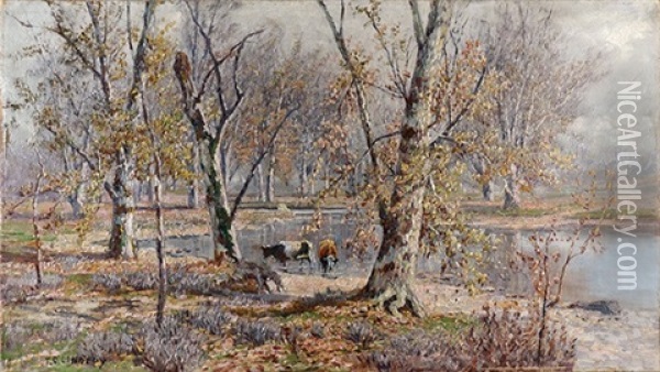 Cows In An Autumn Landscape Oil Painting - Thomas Corwin Lindsay