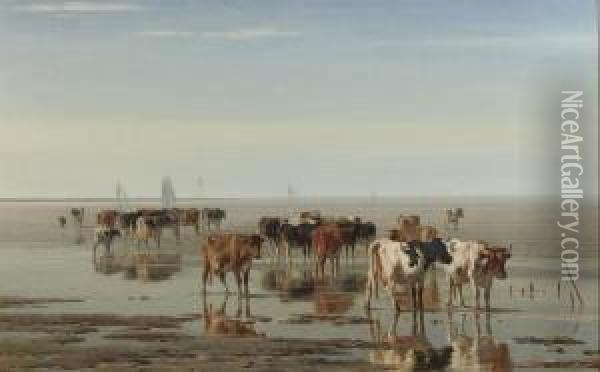 Cattle On The Beach At Low Tide Oil Painting - Pieter Stortenbeker