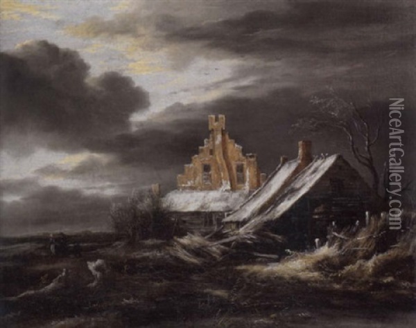 Bauernhaus In Winterlandschaft Mit Bewolktem Himmel Oil Painting - Jacob Van Ruisdael