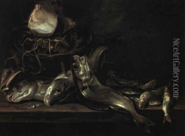 Nature Morte Med Fisk Og Muslinger Pa Et Bord Oil Painting - Jan De Bont