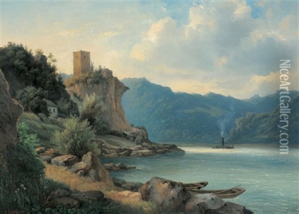 Ein Dampfschiff Auf Der Donau, Links Eine Ruine Oil Painting - Carl Lafite
