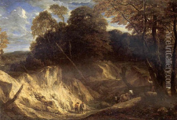 A Landscape With Travellers And Drovers On A Rocky Path At The Edge Of A Wood Oil Painting - Cornelis Huysmans