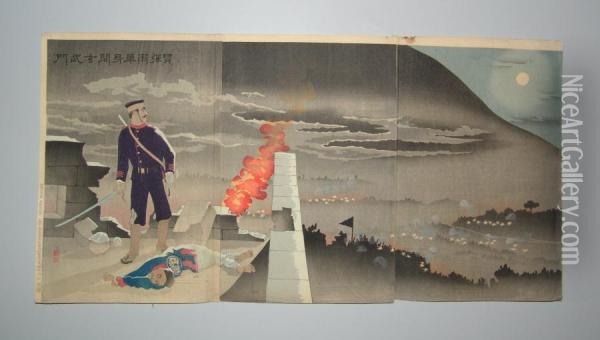 Scene De La Guerre Sino-japonaise Oil Painting - Kobayashi Kiyochika