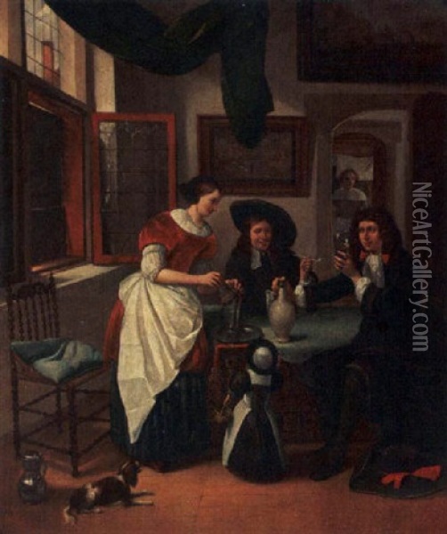 Elegant Figures Drinking And Smoking In An Interior Oil Painting - Pieter De Hooch