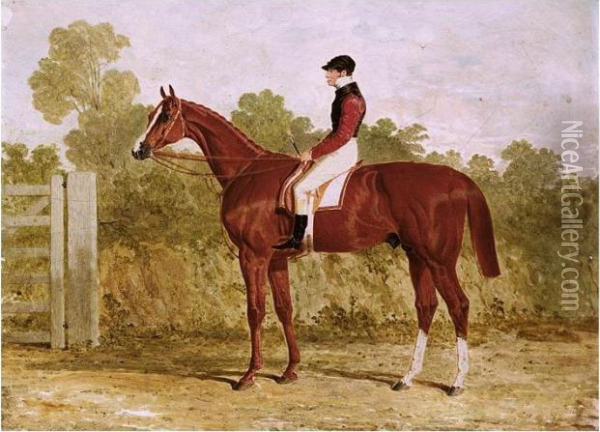 Elis, A Chestnut Racehorse With John Day Snr. Up, By A Gate Oil Painting - John Frederick Herring Snr