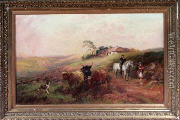 A Highland Crofter And His Wife With Their Dog And Three Long-horn Cattle Oil Painting - Wilson Hepple