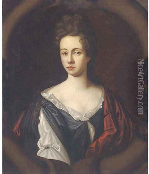 Portrait of a lady, half-length, wearing a white and black dress with a red wrap, in a sculpted cartouche Oil Painting - Sir Godfrey Kneller