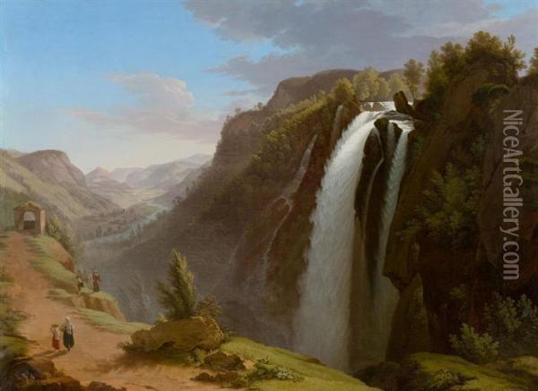 Waterfall Near Reichenbach. Oil Painting - Balthasar Anton Dunker