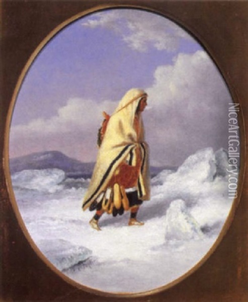 Moccasin Seller With Papoose Crossing The Ice Oil Painting - Cornelius David Krieghoff