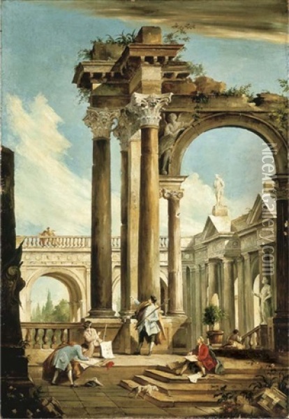 An Architectural Capriccio With Architects Drafting Oil Painting - Antonio Visentini